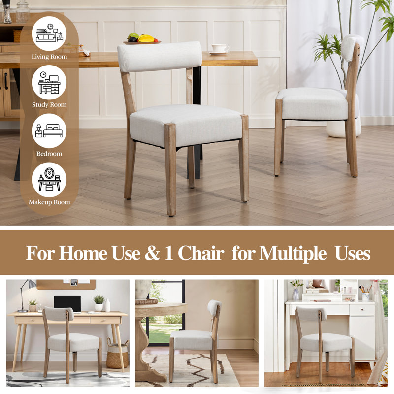 Linen Upholstered Solid Wood Side Dining Chairs, Beige