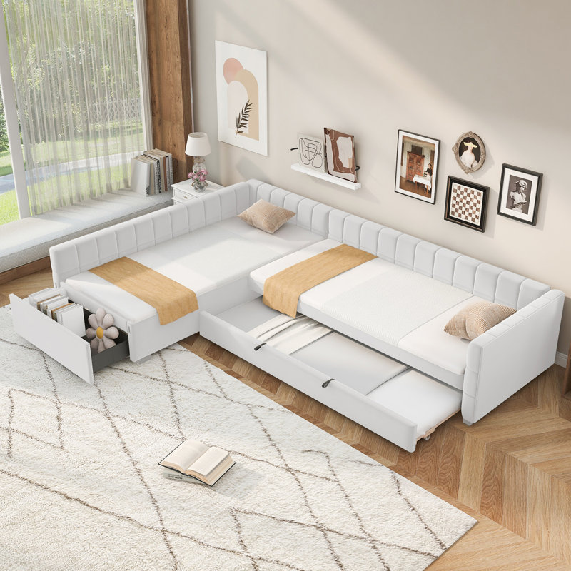 Twin Size L-Shape Upholstered Double Daybed With Trundle And Drawer, Beige