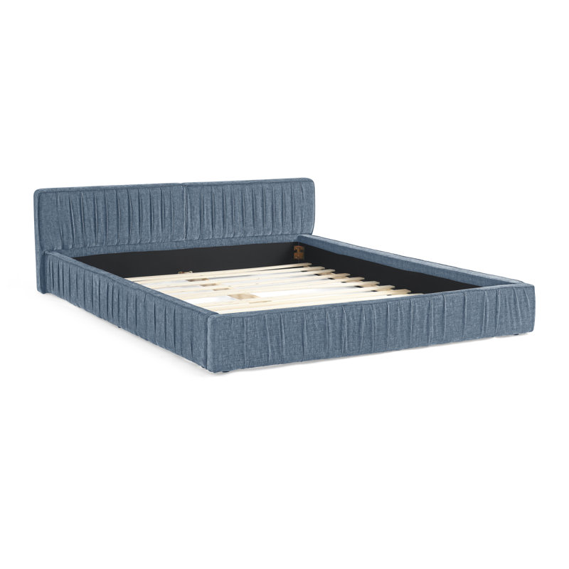 Structure de lit tapissier grand format avec tissu en chenille avec motif plissé, lit plateforme grand format avec tête de lit et structure solide. Aucun sommier tapissier requis - bleu (88 po x 67 po x 23,5 po)