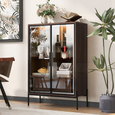 Présentoir autoportant de 51,2 po avec 2 tiroirs de rangement, portes en verre, tablettes réglables à 4 niveaux et lumière DEL pour les espaces de vie modernes