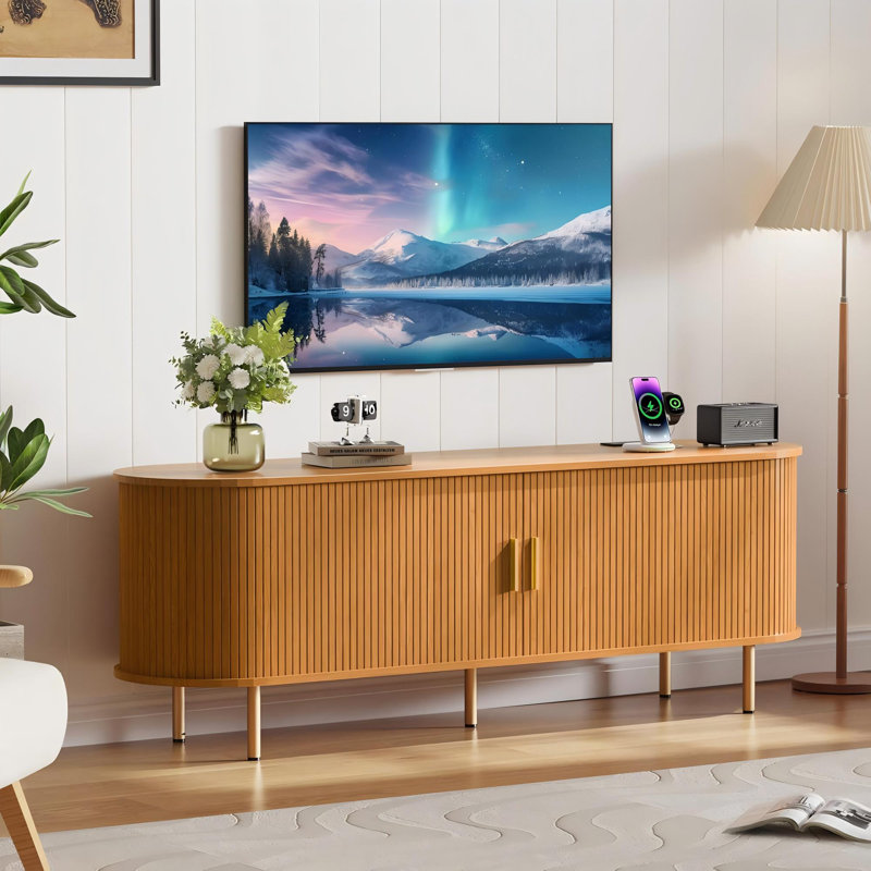 Tv Stand With Power Outlet For Tvs Up To 70 Inch, Entertainment Center With Storage And Adjustable Shelves, Mid Century Modern Media Console With Sliding Doors For Living Room