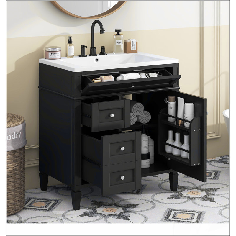 Meuble-lavabo de salle de bain 30 po avec lavabo supérieur, meuble-lavabo moderne avec 2 tiroirs et tiroir basculant, meuble-lavabo simple