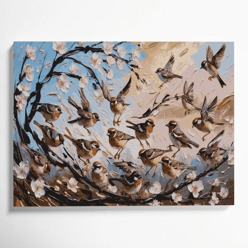 Oiseau, chant, moineau gris, art mural sur toile, H 24 po x l 36 po