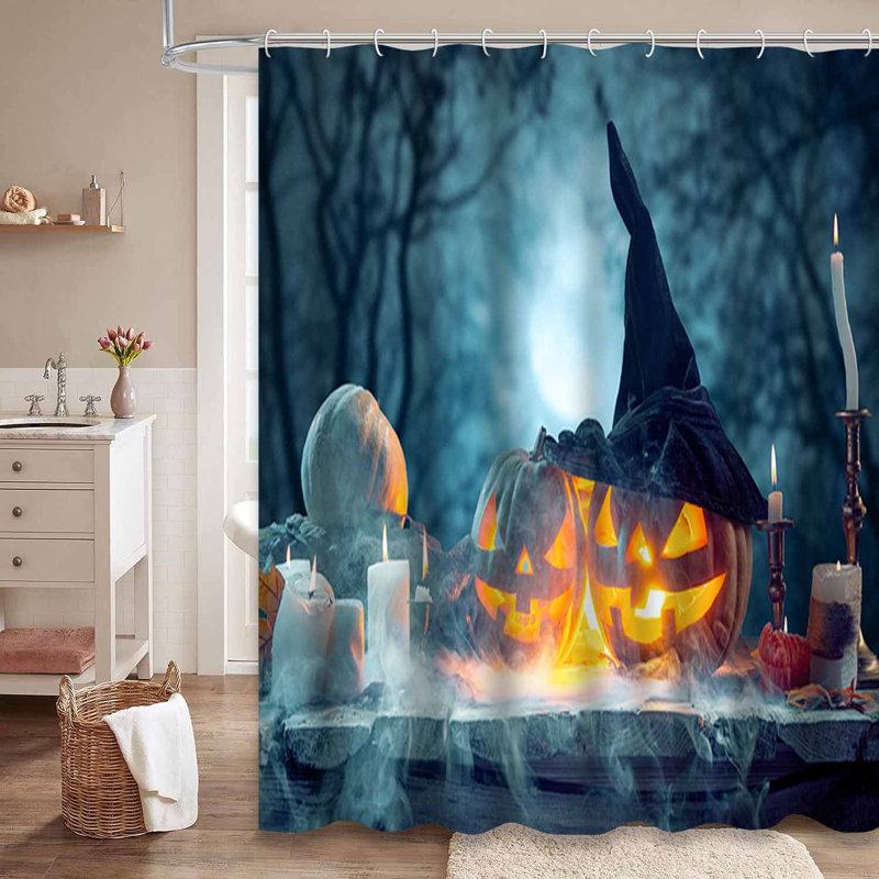 Rideau de douche Halloween citrouille d'Halloween noir et bleu avec 12 crochets, L 72 po x l 72 po