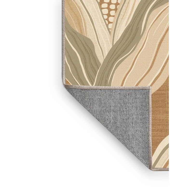 Machine Washable Kirkwood Corn Country Rustic Block Print Rug in Brown – Beige Binding, 6x9