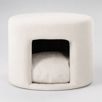 Beige Pet Friendly Ottoman with Removable Cushion, Hidden Nook, Acacia Legs, 220lbs Capacity, Upholstered Footrest for Living Room