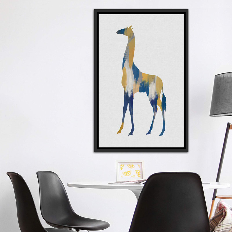Girafe bleue et jaune - impression, H 60 po x l 40po x P 1,5 po, Toile avec cadre noir