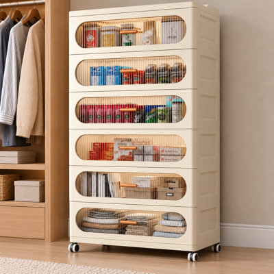 Foldable Drawer Tower, 6-Tier Transparent Plastic Storage Organizer Cart, Folding Storage Box with Doors & Wheels, Stackable Organizers, Collapsible Plastic Bins for Home, Closets, Office, Dorm