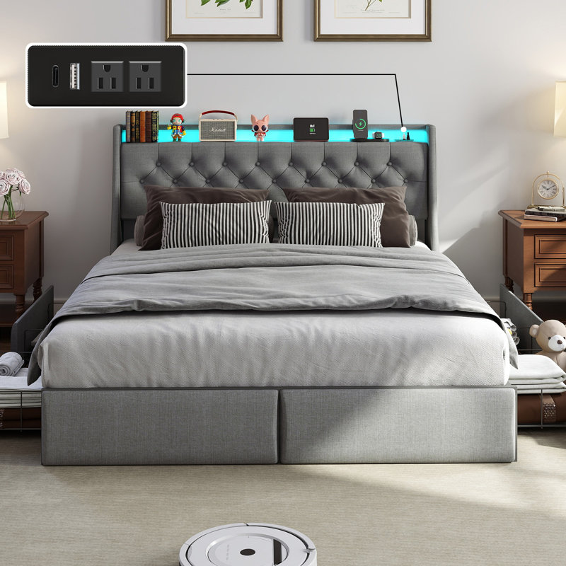 Upholstered Bed Frame with 4 Drawers, Bed with Storage Headboard, Charging Station and LED Lights, Queen