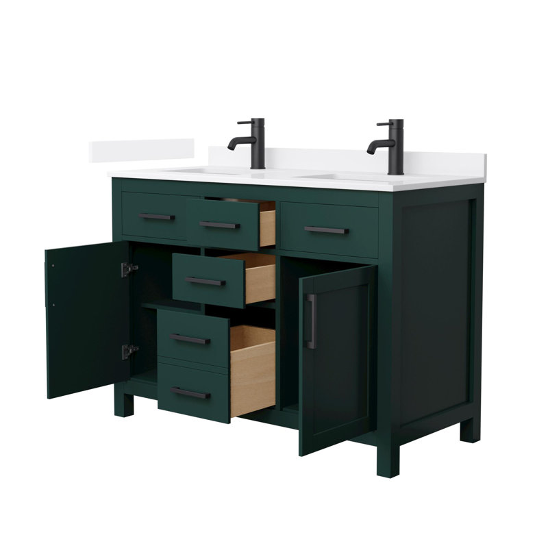 Meuble-lavabo double autoportant 48 po avec plateau en quartz Beckett, Vert, Noir mat, Quartz blanc