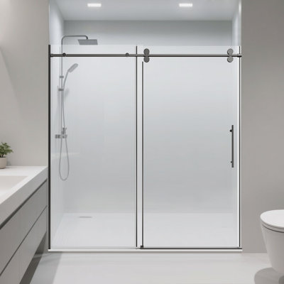 68-72" W * 76" H Stainless Steel Round Tube Frameless Single Sliding Shower Door, 3/8"-Thick (10Mm) SGCC Clear Tempered Glass Door, Reversible Installation, Brushed Nickel