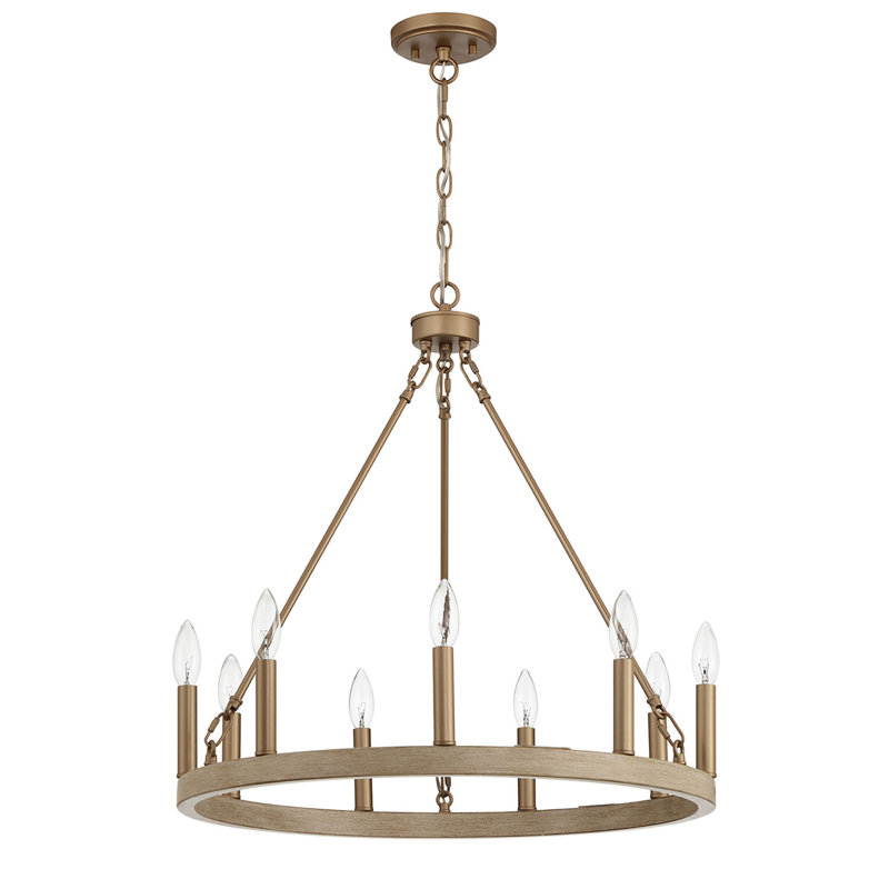 Adriana 9-Light Dimmable Wagon Wheel Chandelier with Sloped Ceiling Adapter, 24" H x 24" W x 24" D, French Ash