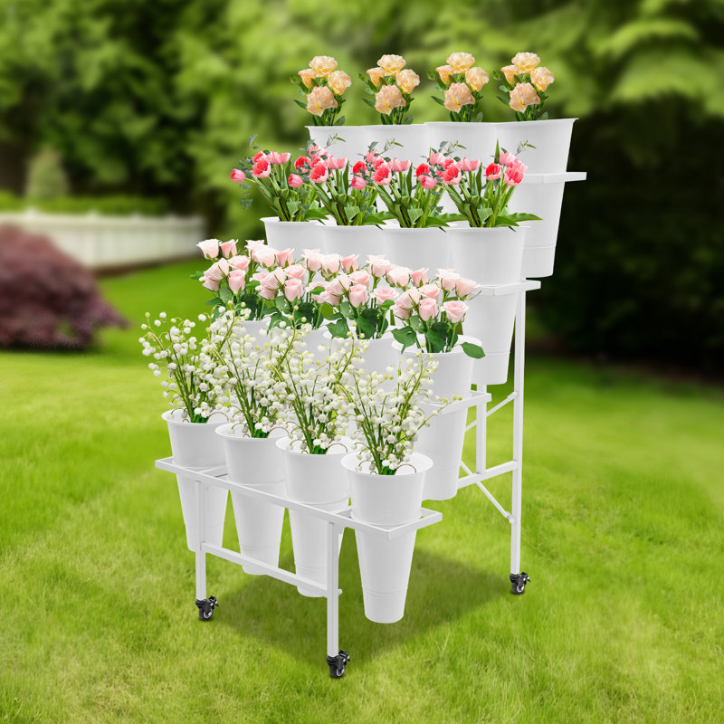 White Steel 4-Tier Plant Stand with 16 Buckets and Wheels