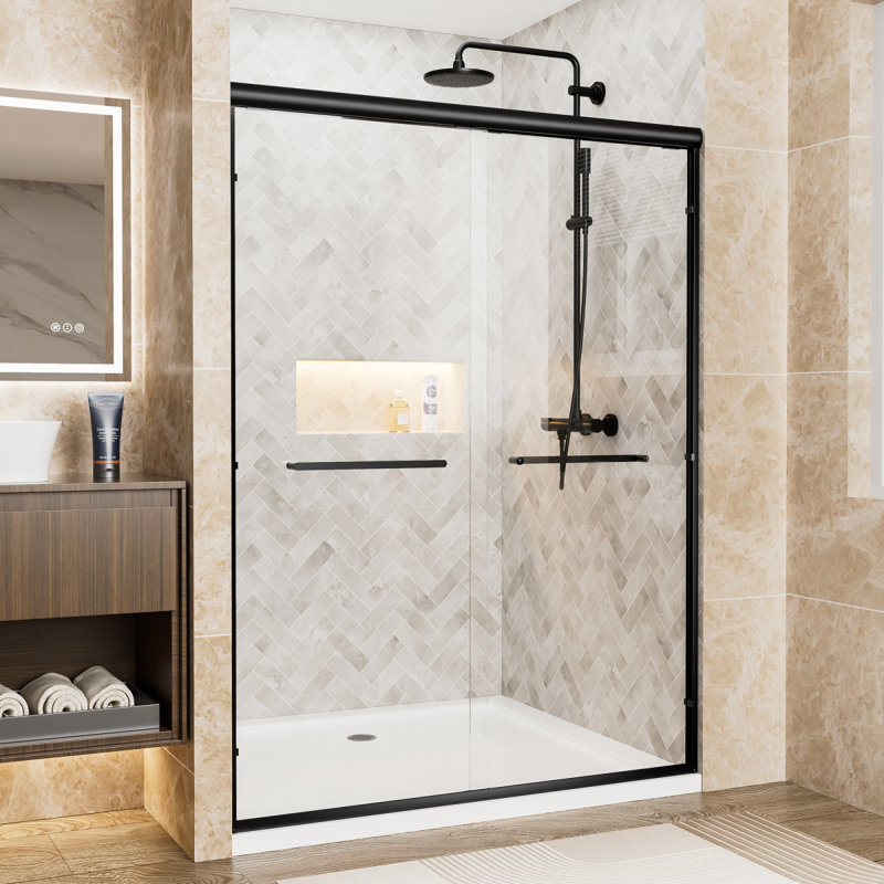 50"54" W X 72" H Matte Black Aluminum Frame Double Sliding Shower Door, 1/4" (6Mm) Clear Tempered Glass With Explosionproof Film, Dual Stainless Steel Handles