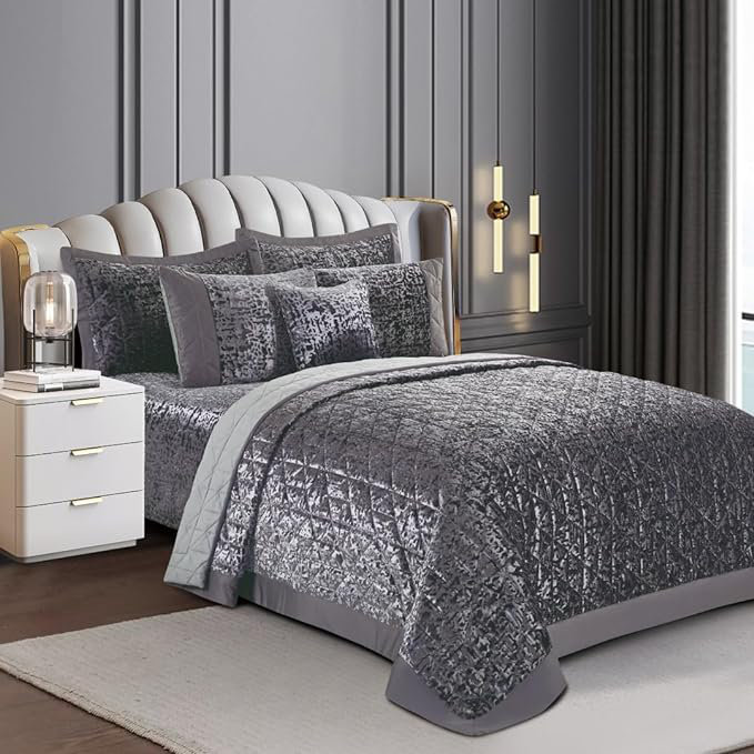 Bohara Crushed Velvet Plush Velvet Bedspread with Pillow Shams, Super King Bedspread + 2 Pillow Sham, Grey