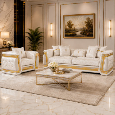 Canapé Aurelia argenté avec garniture dorée, siège rembourré moelleux et coussins décoratifs