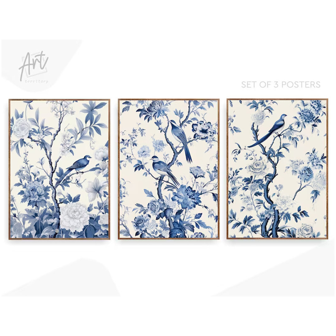 Antique Vintage Blue Chinoiserie Wall Art Prints, Set of 3 Botanical Posters or Canvases ART TERRITORY 