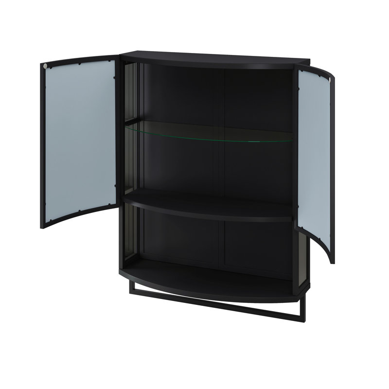 Garde-robe moderne en verre arqué 23,62 po à double porte avec miroir incassable en verre à double couche, tablette ouverte et porte-serviettes pour le vestibule, le salon, la salle de bain et la salle à manger (noir)