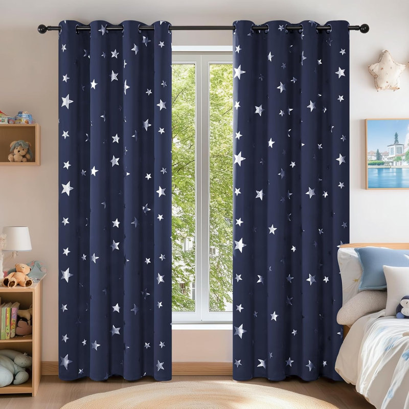 Navy Star Foil Blackout Curtains for Living Room 116x137 cm , 2 Panels