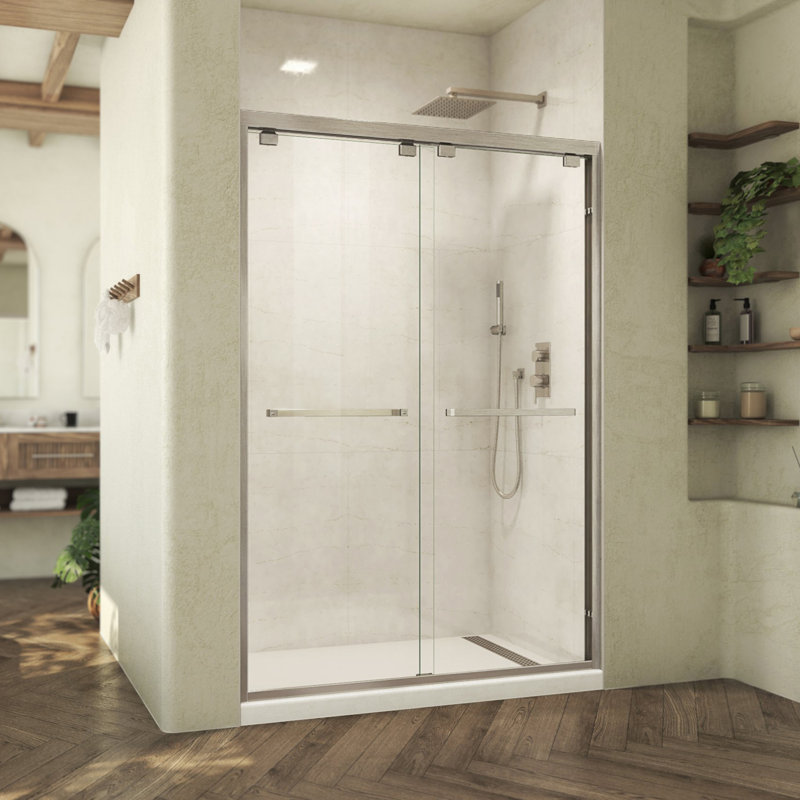 DreamLine Abbey 50 - 54 inch W x 76 inch H Semi-Frameless Bypass Shower Door in Brushed Nickel, Brushed Nickel, 54"