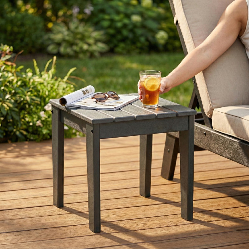 17" Square Heavy-Duty HDPE Outdoor Side Table, Wood-Look Patio Accent Table, Gray