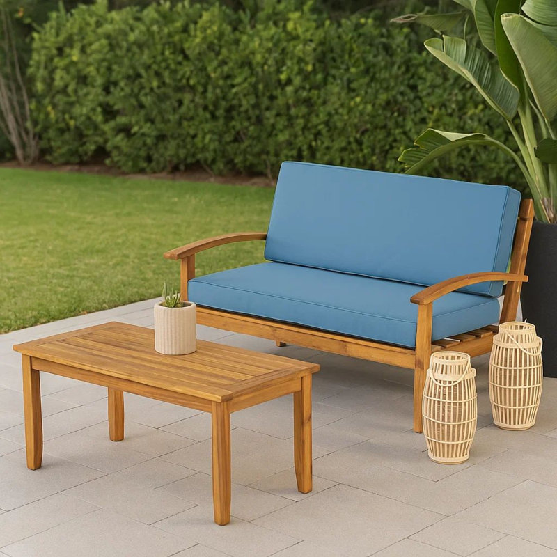 Barrentine Acacia 2 - Person Patio Conversation Set with Cushions, Brown Frame / Blue Cushion