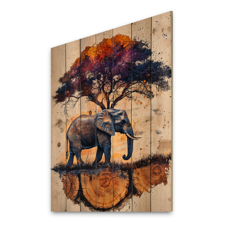 Éléphant sous le baobab - Éléphant, art mural en bois animal - sur bois de pin naturel, H 44 po x l 34 po x P 0,78 po
