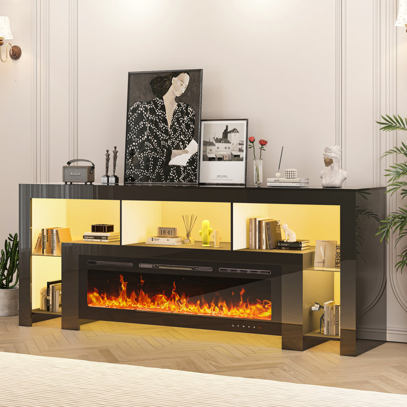 Meuble télé 94,5 pouces avec foyer, meuble télé ultrabrillant avec tablettes de rangement pour le salon