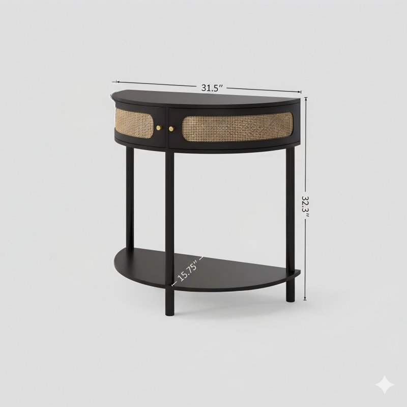 Stylish Semi-Circular End Table Featuring A Unique Crescent Shape And A Sliding Rattan Door. This Elegant Entryway Console Includes Two Rattan-Front Storage Compartments And A Bottom Shelf, Ideal For The Living Room, Bedroom, Study, Or Hallway. Color: Bl