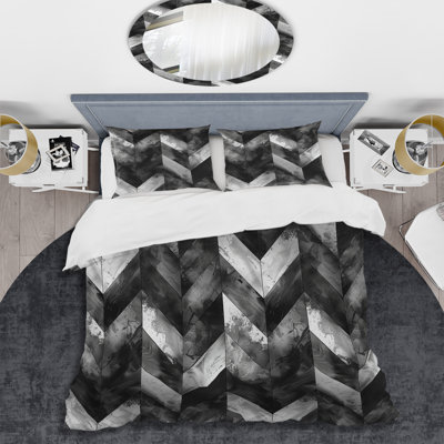 Grey White Charcoal Herringbone I - Transitional Duvet Cover Set