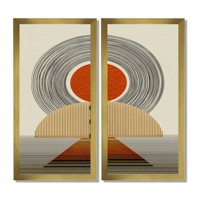 «Orange Maze To The Sun», reproduction d'art sur toile encadrée moderne de style Mid-Century orange, 2 pièces