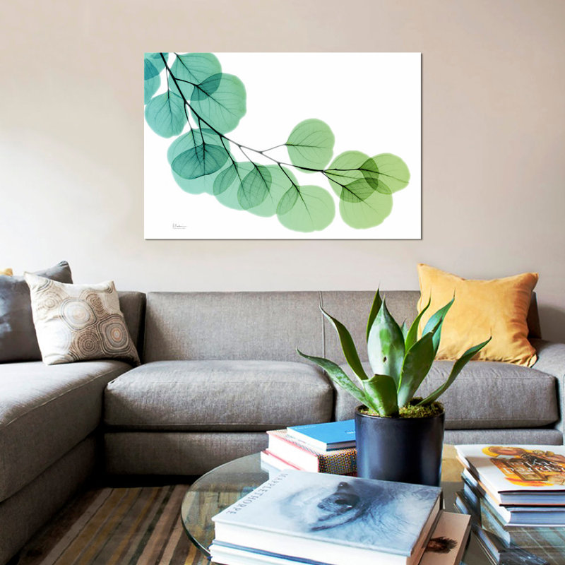 Impression d’art graphique sur toile tendue "eucalyptus vert bleu" par Albert Koetsier, H 26 po x l 40 po x P 1,5 po