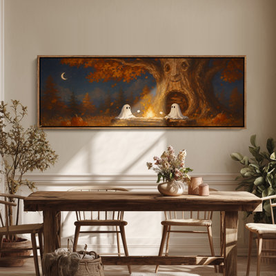 Grand art mural encadré sur toile, décor de nuit, forêt fantôme d'Halloween - 60 po x 20 po, 60 po x 30 po