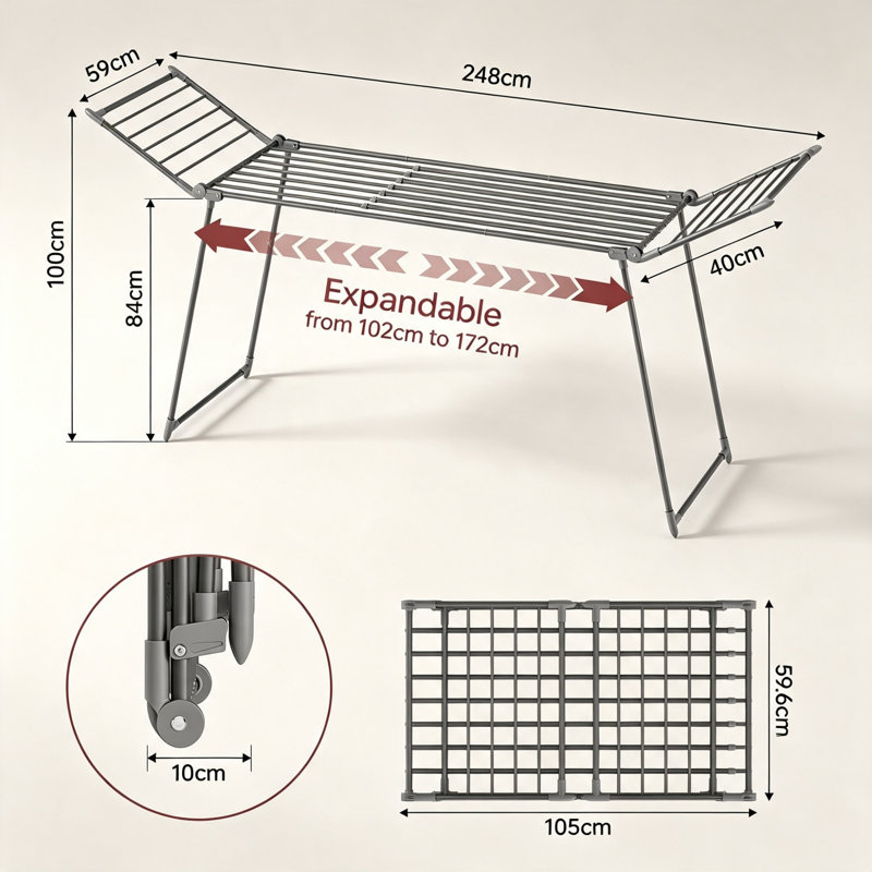 Metal Clothesline Pole, 100cm H x 248cm W x 59cm D, Grey