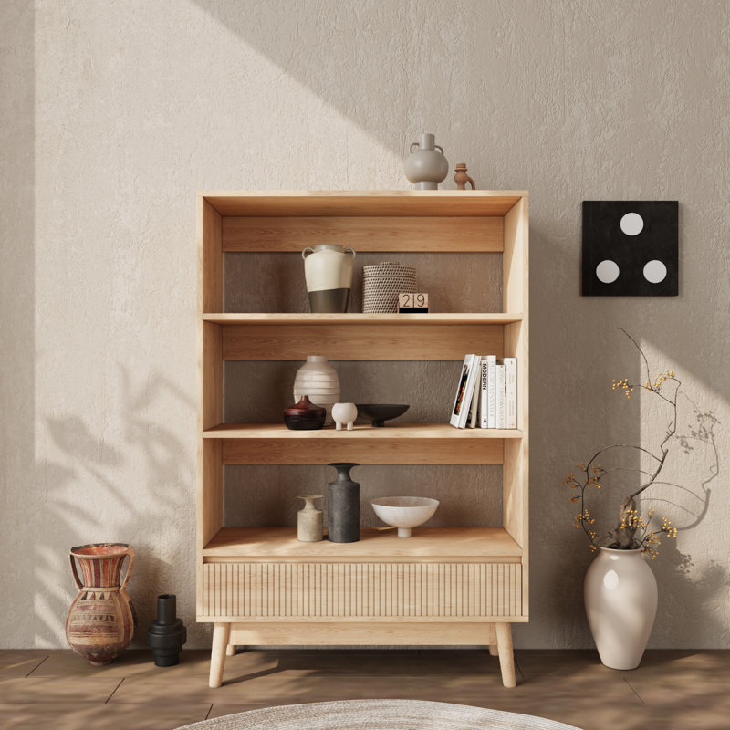 3 Tier Bookcase With Grooved Wooden Storage Drawer, 47.6" H x 31.5" W x 11.8" D