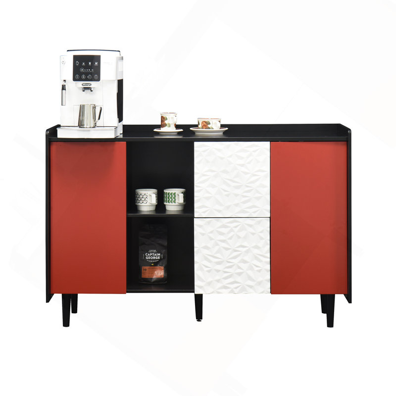 Buffet avec buffet, armoire de rangement avec portes, 2 tiroirs à panneau unique et 2 compartiments de rangement ouverts, armoire de bar moderne pour la cuisine et la salle à manger
