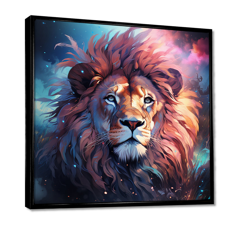«Majestic Lion Wild Night Glory - Lion Animal», reproduction d'art murale, H 16 po x l 16 po, Toile flottante noire encadrée