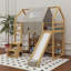 Lit mezzanine en bois avec structure en forme de maison et auvent de tente-2063129196-2063129197