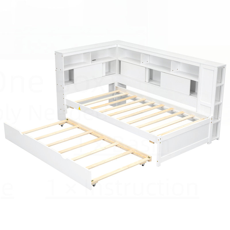 Lit de jour en bois avec tablettes de rangement, chargement USB et lit gigogne pour une vie moderne, Blanc
