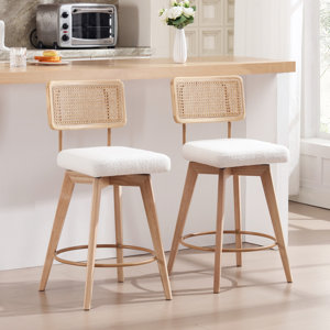 uniondale swivel upholstered 26.2'' counter stool with rattan cane back and solid wood frame