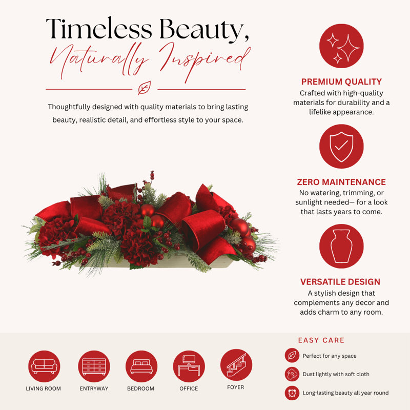 Holiday Arrangement With Hydrangeas, Ornaments And Bows