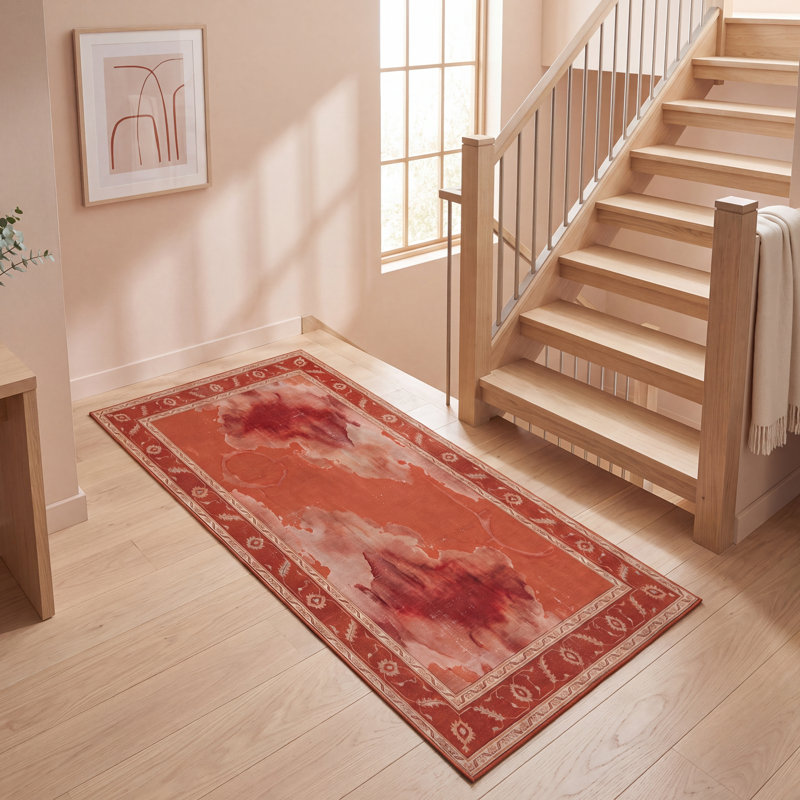 Tapis Mulberry2 moderne à l'aquarelle abstraite orange, rouge et crème, lavable en machine, antidérapant, à poils courts, pour l'intérieur et l'extérieur, adapté aux animaux domestiques, idéal pour le salon, la chambre, la salle à manger, l'entrée, le corridor ou le bureau.