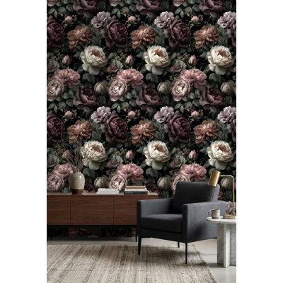 Papier peint floral foncé Moody Botanical Romantic Garden