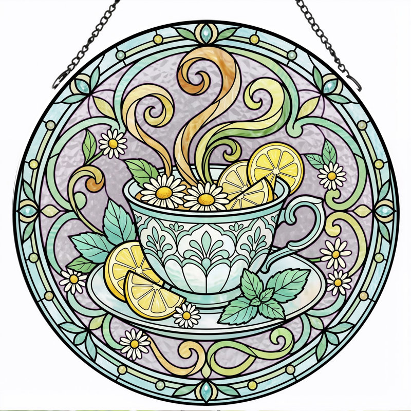 Panneau de vitrail de tasse à thé ， 12 po, H 12 po