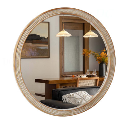 Round Decorative Wall Mirror With Woven Rattan-Textured Frame (23.62"), Rustic Modern Accent Mirror For Bathroom/Vanity/Living Room (Easy Wall-Mount Design)