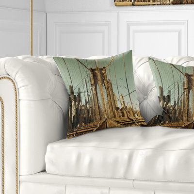 Manhattan Bridge in New York Brown Cityscape Pillow