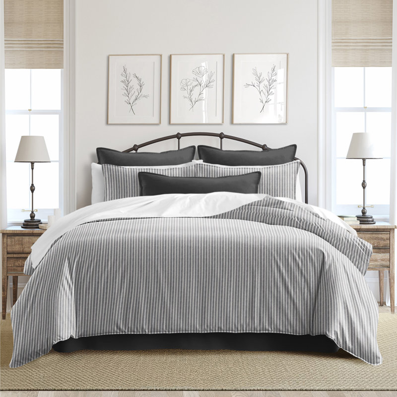 Walker Ticking Stripe Indigo/White Cotton Coverlet Set, Super Queen Coverlet / Bedspread + 2 Queen Shams, Iron/Ivory