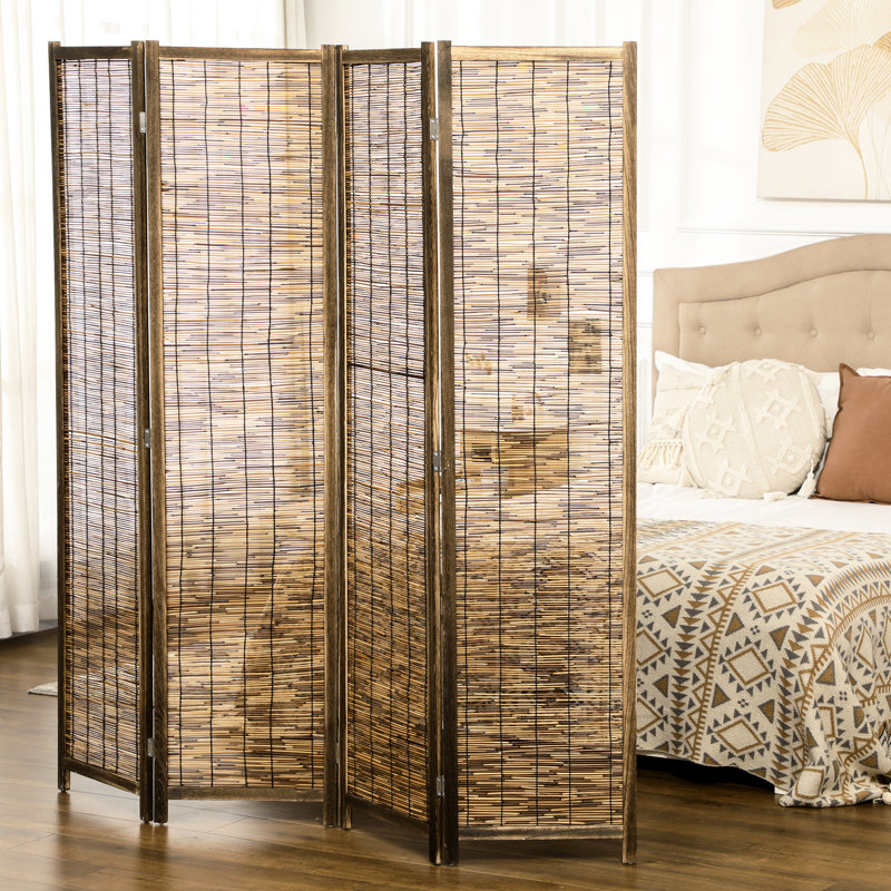 Écrans d'intimité portables 5,5 pi, paravent 4 panneaux. Tissé à la main, bois, pour diviseur de coin de bureau, intimité. Tissé à la main et maison