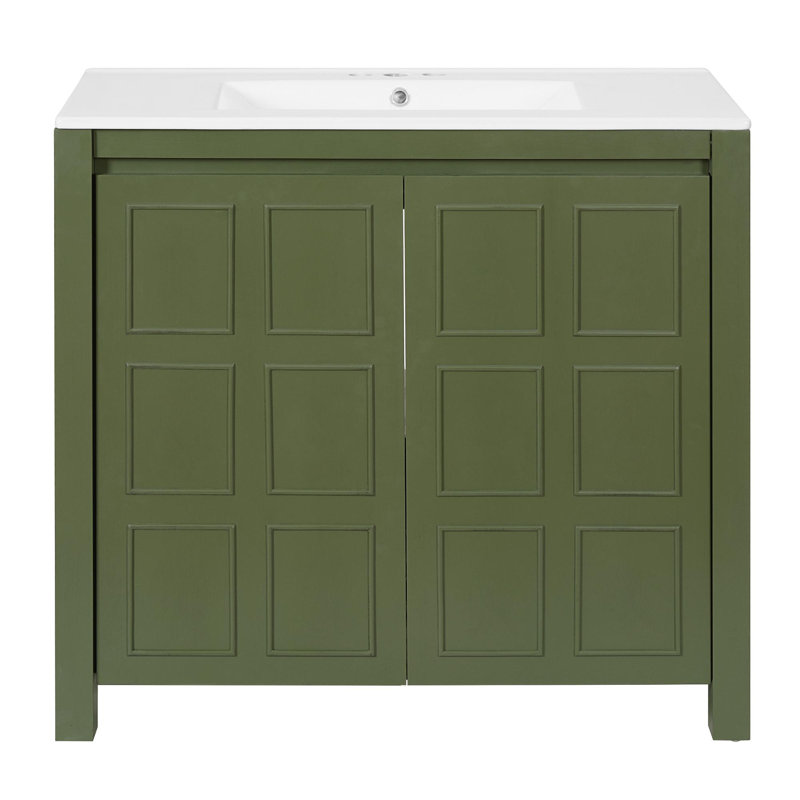 Organisateur de meuble-lavabo avec lavabo en céramique, Vert olive, 36"