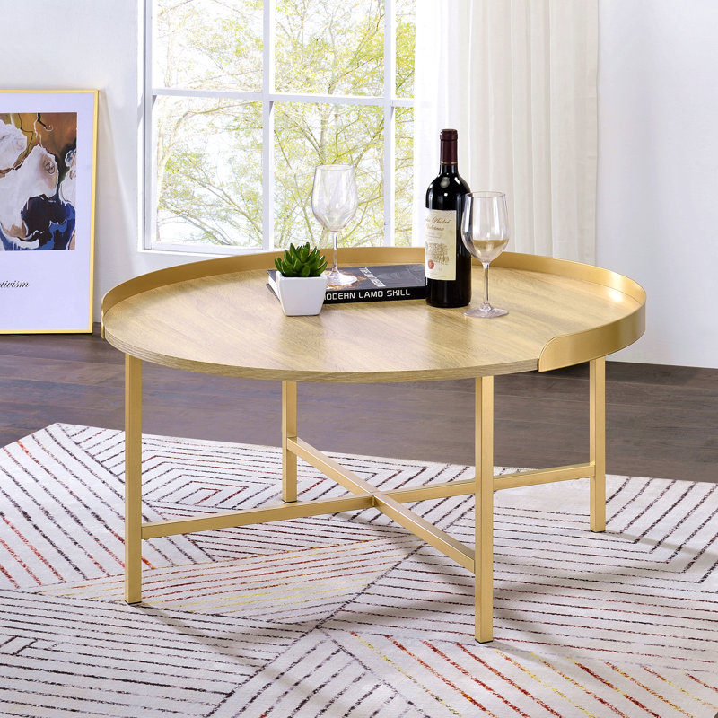 Table basse avec plateau en chêne et or